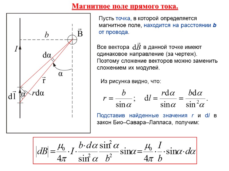 Магнитное поле прямого тока.  Пусть точка, в которой определяется магнитное поле, находится на